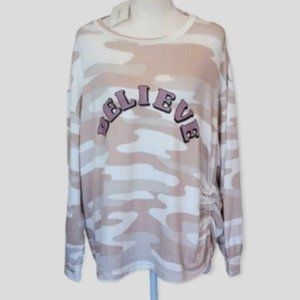 NEW Como Blu Womens Plus Size Long Sleeve Pull Over Camo Ruched Drawstring 1X